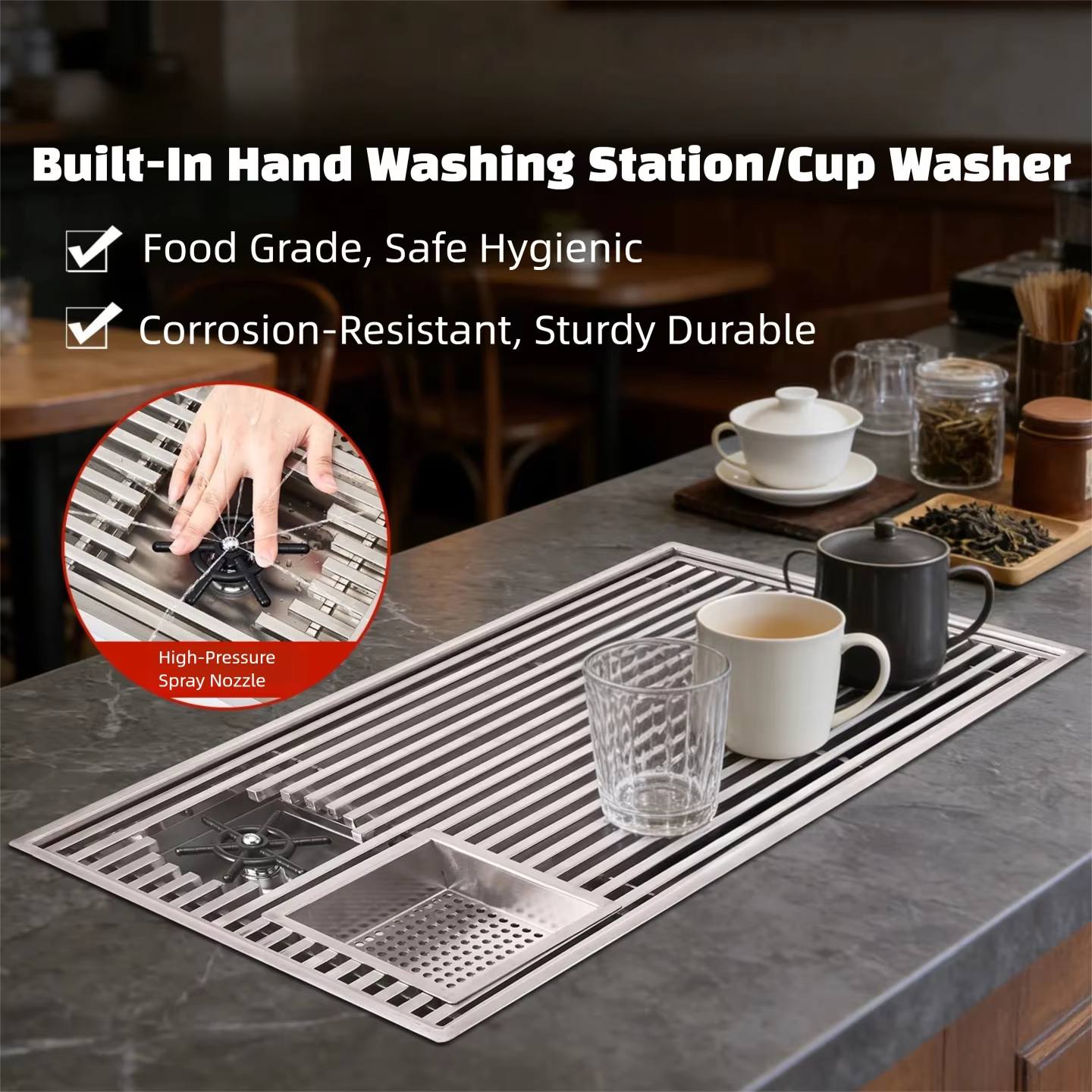Coffee Tea Home - Modernes Einbau-Teetablett mit Abfluss, gebürstete Oberfläche,