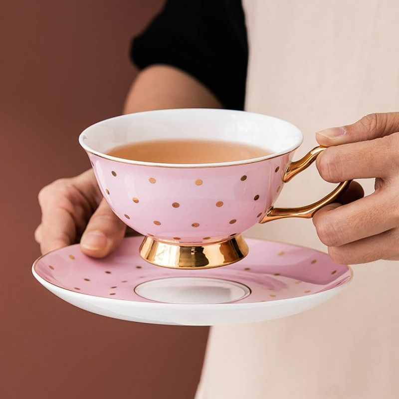 Coffee Tea Home - Keramik-Kaffeetassen in Rosa mit Untertassen, Büro-Trinkbecher,
