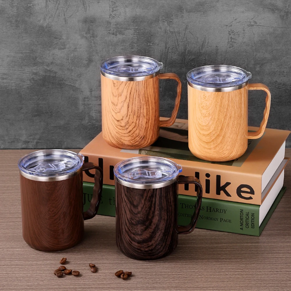 Morning Tea Coffee - Vintage-Edelstahlbecher mit Holzmaserung, doppelwandiger isolierter Kaffeebecher,